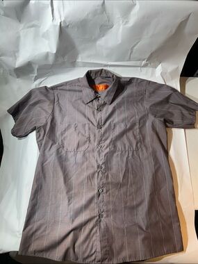 Red Kap Men's Short-Sleeve Button-Up Shirt - Gray w/ Pinstripes (Minor Stains)